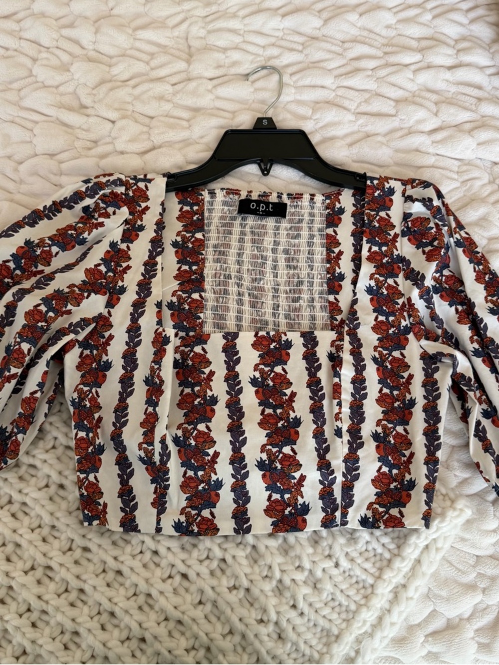 o.p.t Floral Stripe Smocked Crop Top in White and Rust